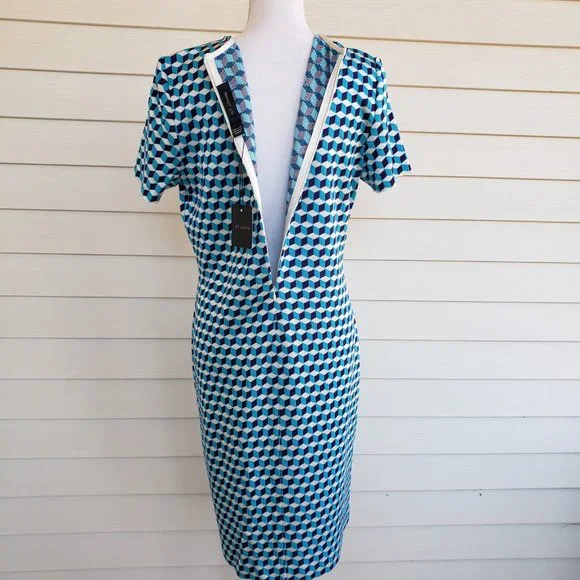 NWT St John Blue/White geomietric cube sweater dress - Picture 6 of 10